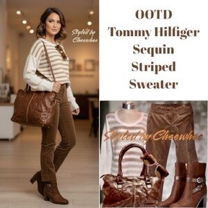 Tommy Hilfiger Sweater Cream & Tan Scoop Neck Sequins Striped Preppy Glam Size M